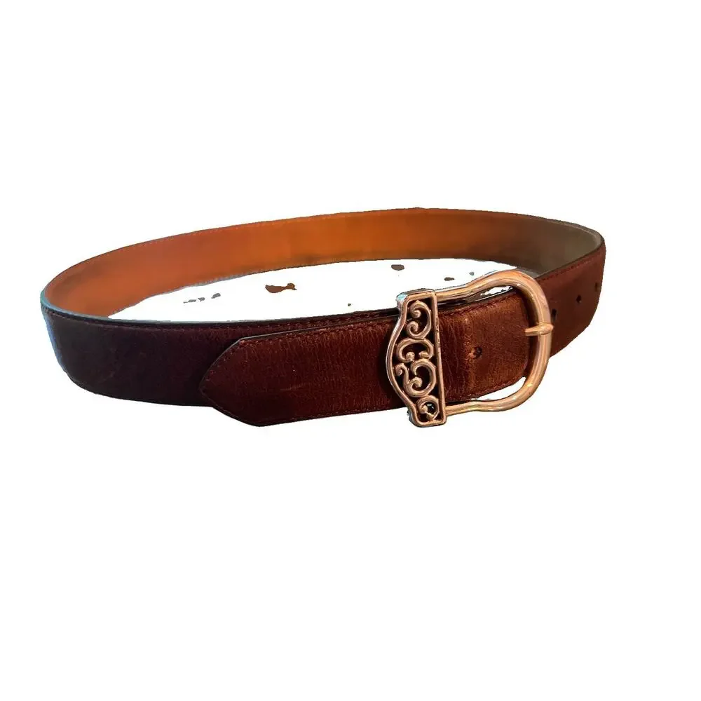 Brighton Brown Leather Belt M 30 Ornate Silver Scroll Buckle Vintage